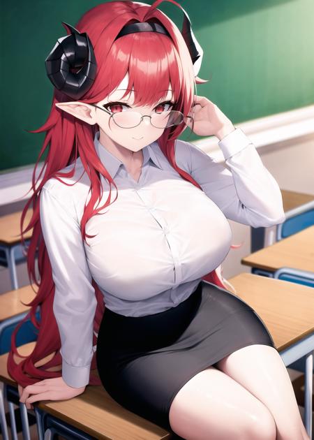 <lora:hindenburg_v2.0:0.8>,hindenburg_\(azur lane\), red_hair, demon horns, long hair,pencil_skirt, white shirt, pencil skirt, classroom, sitting, adjusting eyewear, masterpiece, best quality, high contrast,