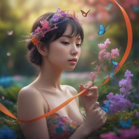 Macro photography featuring a human figure immersed in a serene garden, bursting with colors akin to an enchanted landscape, intricately detailed with a ribbon swirling to the periphery, captured by the skilled lens of Miki Asai in a Razumov style portrait, trending in the artistic community on Artstation, presenting impeccable sharpness on focus, giving life to trivial elements, all masterfully shot in a studio setting, secret g