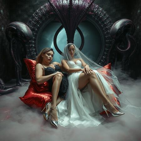 tree ladies, two sultry slender norvegian ladies in a whorish black lace camisole  holding from left and right bent knees of  a struggling luxurious young bride, wearing glossy high heels, entangled in long tentacles, laying in weird red foil pillows, covered with giant ultrathin transparent slime veils, surrounded by aliens,  giant portal to outer space, fog from the floor, giant purple alien carnivorous flower with glossy spiked petals at background, weird alien hive slime walls and fleshy floor, horror, reminiscent of H.R. Giger, Zdzisław Beksinski, and Ash Thorp's dark, sleek styles, with close-up glamour photography, glossy satin and silver heels glistening, fleshy slime dripping, and dark shadows.