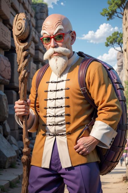 best quality, masterpiece,realistic,photorealistic,  muten roushi, facial hair, 1boy, male focus, solo,((chinese clothes)), bald, old man, beard, sunglasses, white hair, (purple turtle shell), mustache, arm behind back, standing, full body, (holding staff), red-framed eyewear, orange jacket, (blue pants), cliff, tree, blue flats, backpack, green-tinted eyewear <lora:hipoly_3dcg_v7-epoch-000012:0.5>,(brown staff),long sleeves