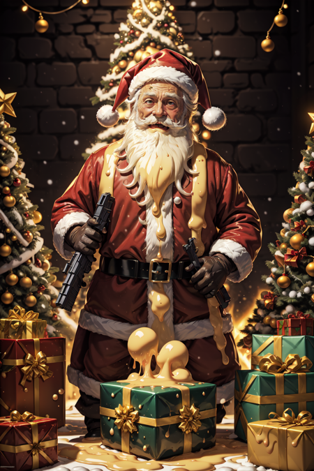 YellowSnow, solo, gloves, 1boy, hat, standing, white hair, male focus, black gloves, belt, pants, blurry, fur trim, facial hair, santa hat, santa costume, black belt, mustache, weapon, holding a weapon, machine gun, fire, explosion, box, christmas, beard, gift, gift box, old, christmas tree, old man, cheese, liquid, gooey, cheese slime, christmas theme, yellow theme, movie poster, meme, parody, horror movie poster, art by Larry Elmore and Greg Rutowski, blink and you can miss it detail, depth of field, masterpiece, <lora:YellowSnow:0.8>