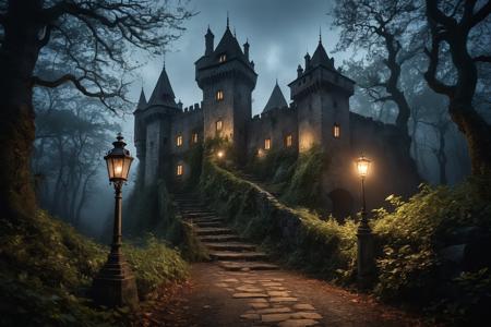 Hyperrealistic art an overgrown path leads to an enchanted old castle surrounded by a gloomy forest with old dead trees, an old lantern on a pole lights the way at midnight, broken branches and stones lying on the road fog rolls in. spooky, scary, horror, mystical, creepy, (darkness:3.15),
Ultra-HD-details, true to life, HDR image,High detail resolution, high detailed, realistic,sharp focus,(very detailed),((4K HQ)),depth of field,f/1.2,Leica,8K HDR,High contrast,shadows, bokeh, (8K HDR photo),realistic texture,realistic shadows,accurate to life,living image,lifelike , shallow depth of field, vignette, highly detailed, high budget, bokeh, cinemascope, moody, epic, gorgeous, film grain, grainy, . Extremely high-resolution details, photographic, realism pushed to extreme, fine texture, incredibly lifelike