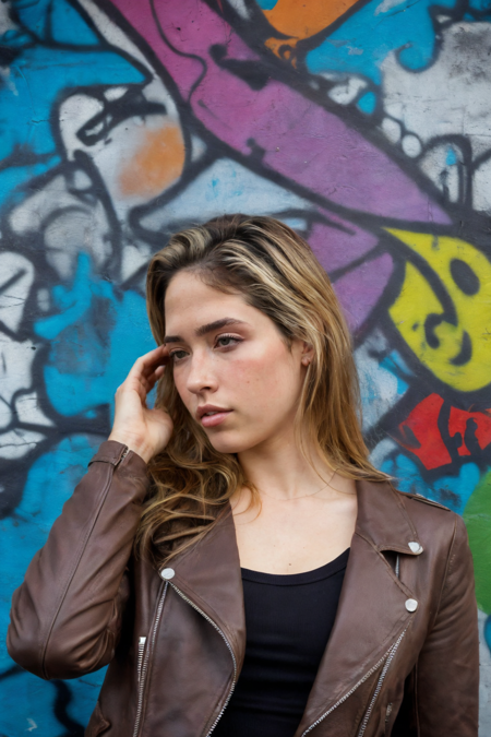 1girl, stylish woman in a leather jacket, adjusting her hair, urban graffiti wall behind her, cool and confident vibe, detailed face, (photorealistic, absurdres, best quality, masterpiece:1.4), (high detailed skin:1.3)
 <lora:ka03_us_lora_v01:1> ka03