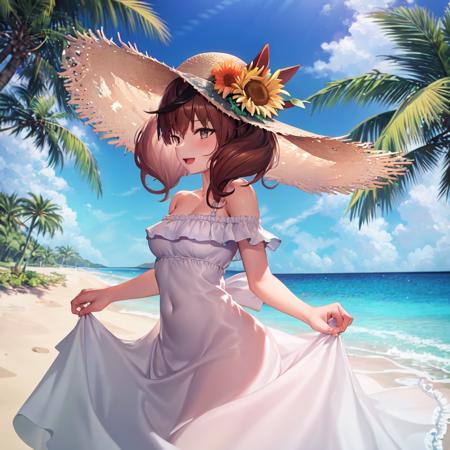 masterpiece, best quality,
nice nature \(umamusume\), 
outdoors, sky, day, cloud, ocean, beach, palm tree, 
smile, open mouth, straw hat, medium breasts, bare shoulders, off shoulder, white dress, skirt hold, sunflower, off-shoulder dress, hat flower, sundress
<lora:nice_nature_loha:0.8>