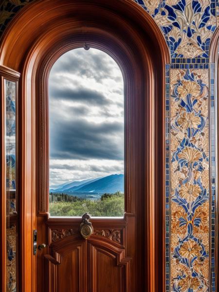 long shot scenic professional photograph of photo of a luxury Art Nouveau (ceramic tiles:1.2) room door, highly detailed. daylight, sharp focus, depth of field <lora:add_detail:0.86>, RAW photo, full sharp, detailed face (high detailed skin:1.2), 8k uhd, dslr, soft lighting, high quality, film grain, Fujifilm XT3, perfect viewpoint, highly detailed, wide-angle lens, hyper realistic, with dramatic sky, polarizing filter, natural lighting, vivid colors, everything in sharp focus, HDR, UHD, 64K