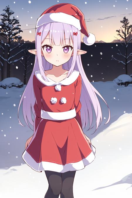 Seiran, 1girl, solo, long hair, purple eyes, pointy ears, blush, bangs,  skirt,navel, closed mouth, collarbone, flower, hairband,  armor, shoulder armor, purple hairband, leggings, outside, park, sfw,