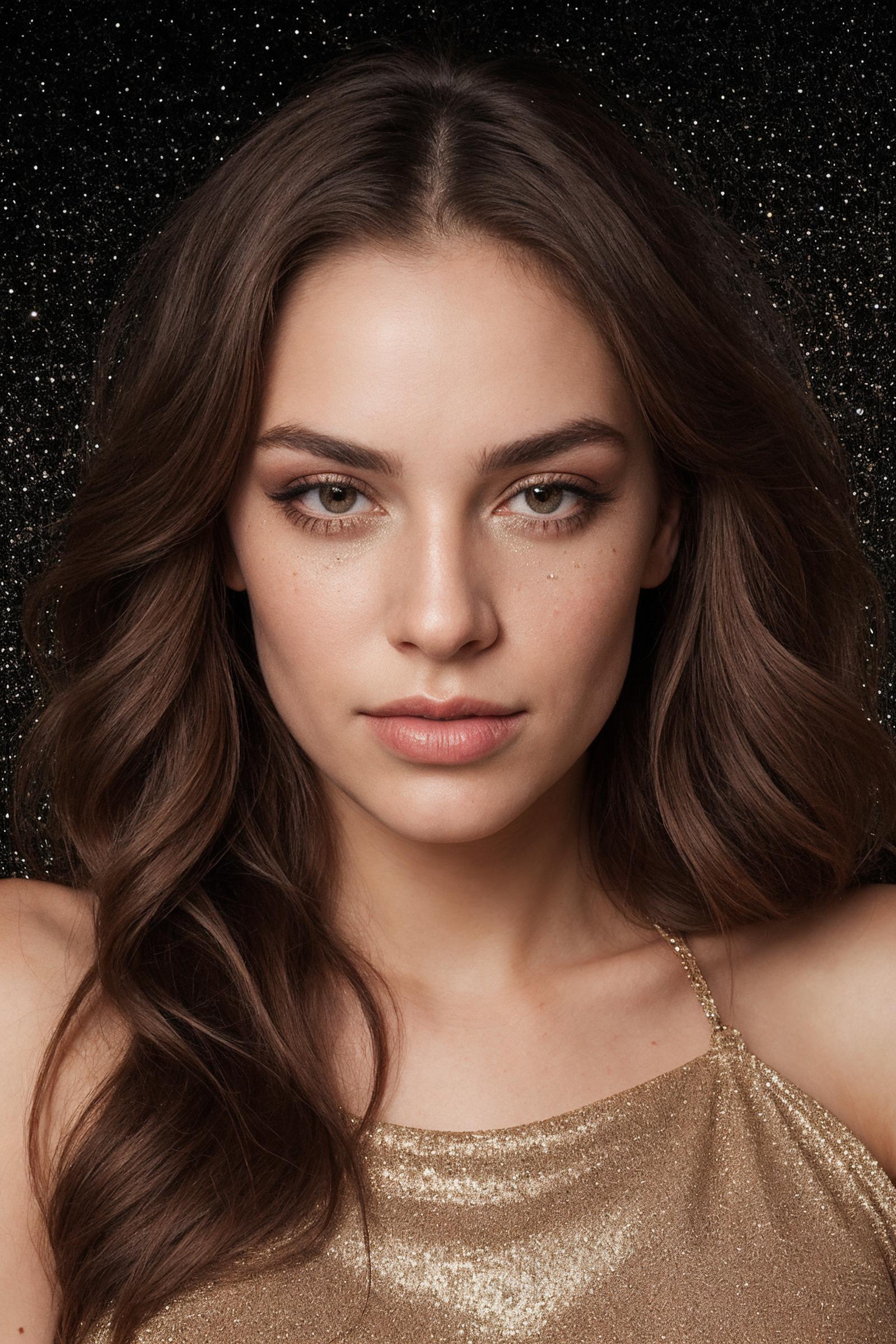 "Close-up of a young woman with dark hair and gold eyeshadow."
