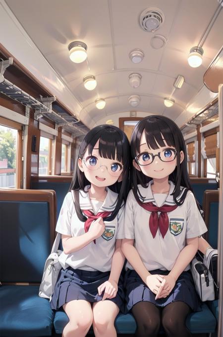 best quality, ultra-detailed, illustration,
oha35, train interior, scenery, seat, indoors, chair, window, ceiling, ceiling light,
multiple girls, school uniform, black hair, glasses, school bag, smile, laughing, looking at viewer, 
 <lora:JNR_oha35_SD15_V4_DIM4:1>