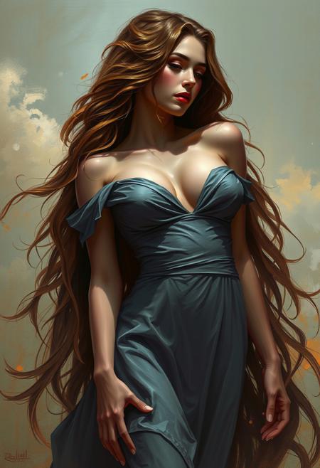 a painting of a woman with long hair and a dress, digital art inspired by Karol Bak, Artstation, figurative art, karol bak uhd, style of karol bak, karol bak and peter mohrbacher, amano and karol bak, sensual painting, gorgeous digital painting, beautiful digital artwork, gorgeous digital art, beautiful gorgeous digital art