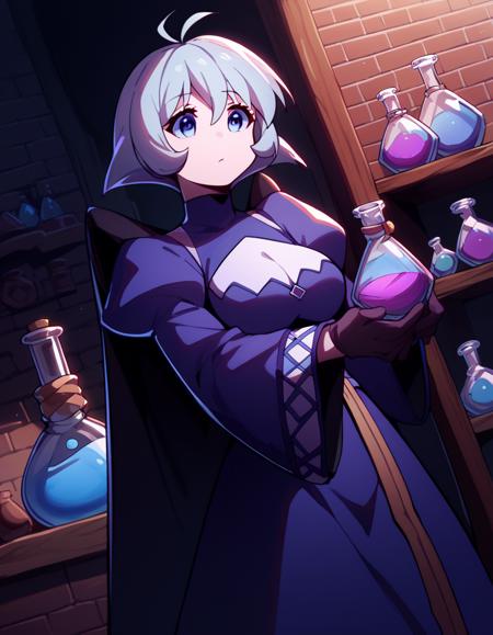 kamyu, short hair, blue eyes, ahoge, antenna hair, large breasts, dress, wings, black wings, blue dress, long sleeves, puffy sleeves,