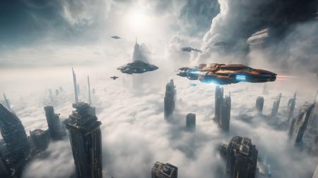 cinematic shot of a gorgeous spaceship engaging in a fight above a cloud city, skyscrapers peeking through clouds, volumetric fog, volumetric lighting,