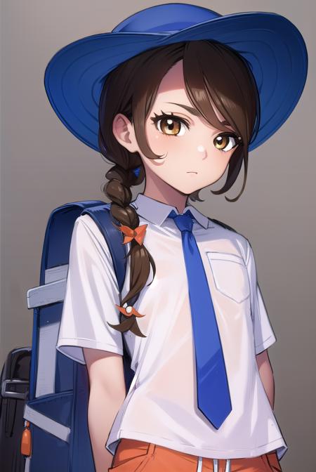 pokemonjuliana, <lyco:pokemonjuliana-lyco-nochekaiser:1>,
pokemonjuliana, braid, (brown eyes:1.5), brown hair, hair ornament, hairclip, side braid, single braid, swept bangs,
BREAK backpack, bag, black footwear, blue headwear, blue shirt, breast pocket, collared shirt, hat, kneehighs, naranja academy school uniform, necktie, orange necktie, orange shorts, pocket, school uniform, shirt, shoes, short sleeves, shorts, socks, striped, striped shorts, sun hat, white socks
BREAK looking at viewer, full body, (cowboy shot:1.5),
BREAK outdoors,,
BREAK <lyco:GoodHands-beta2:1>, (masterpiece:1.2), best quality, high resolution, unity 8k wallpaper, (illustration:0.8), (beautiful detailed eyes:1.6), extremely detailed face, perfect lighting, extremely detailed CG, (perfect hands, perfect anatomy),