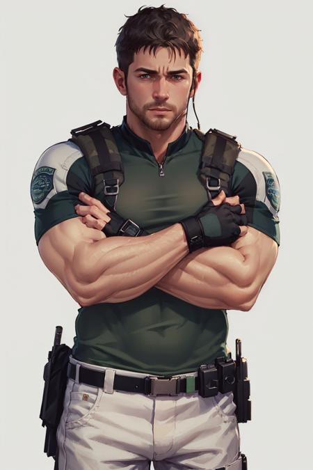 (masterpiece, best quality:1.2), <lyco:residentevil_chrisredfield-11:1.0>, cowboy shot, solo, male focus, 1boy, chris redfield, muscular male, looking at viewer, crossed arms, green taut shirt, white pants, (fingerless gloves:1.1), belt