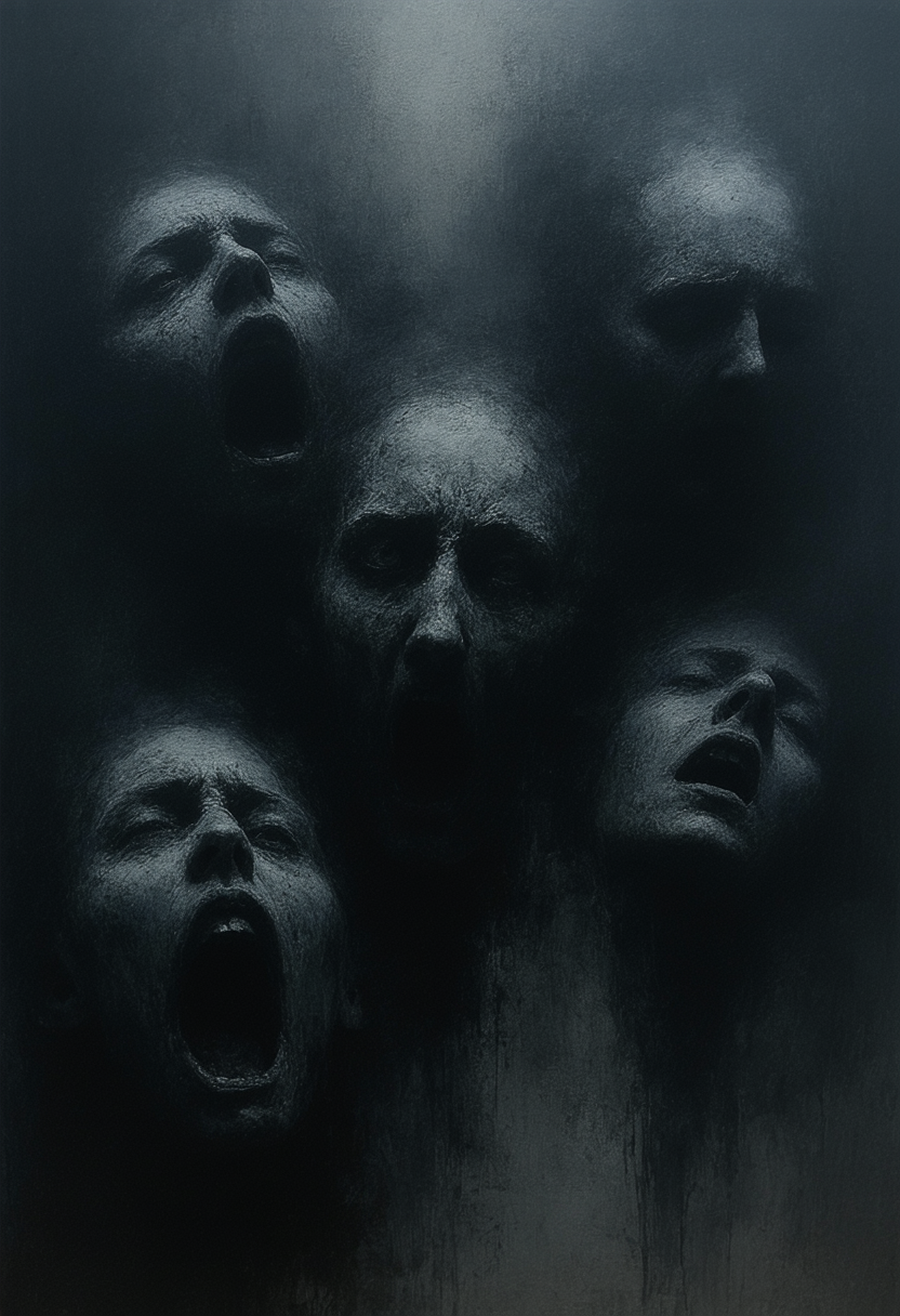 A dark and enigmatic scene dominated by shades of black and gray. The background has a smoky, textured appearance, adding an air of mystery. Five blurred faces are arranged within the composition, each distinct and wailing at the surrounding darkness. 