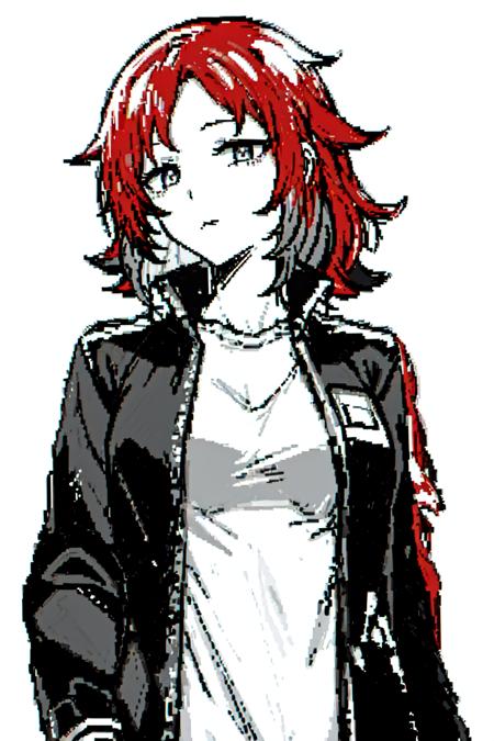 masterpiece, best quality, 1girl,<lora:Pix:0.6>,pixel art,  <lora:JB:1:OUTALL>monochrome,red hair,jacket