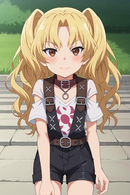 1girl, katagiri yuzuki, black bullet, long hair, blonde hair, twintails, brown eyes, flat chest, yuzukiout, white shirt, short sleeves, necklace, belt collar, short shorts, anime screencap, anime coloring,