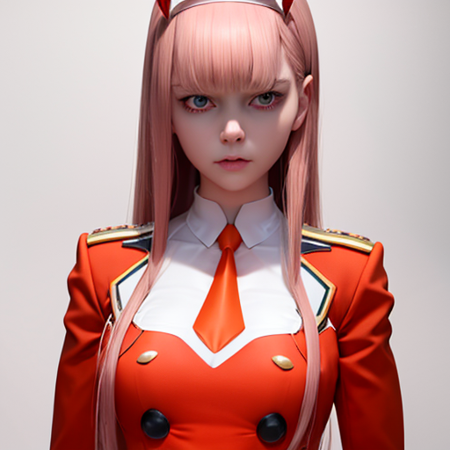 ultra realistic 8k cg, picture-perfect face, flawless, clean, masterpiece, professional artwork, 1girl, zero two, uniform, military uniform, red jacket, orange necktie, upper body, <lora:qqq-zero_two-v1:0.8>