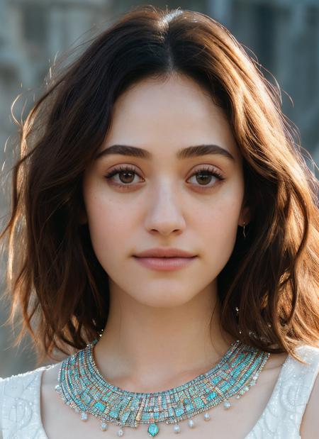 portrait of emmy rossum <lora:Emmy Rossum LoRA:0.6>, ecstatic , wearing beaded , with white Long layers , background fantasy city epic (photo, studio lighting, hard light, sony a7, 50 mm, matte skin, pores, colors, hyperdetailed, hyperrealistic)