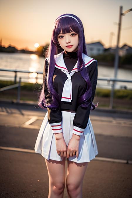 ultra-detailed,highly detailed,best quality,masterpiece,illustration,realistic,
daidouji tomoyo, tomoeda elementary school uniform, 1girl, solo, cosplay,
hairband, sailor collar, serafuku, long sleeves, neckerchief, pleated skirt, bobby socks,mary janes,
purple eyes, purple hair, long hair, bangs,
photo background, wind,floating hair, 
looking at viewer,v arms, 
<lora:daidouji tomoyo_xx_v1_06:0.7>