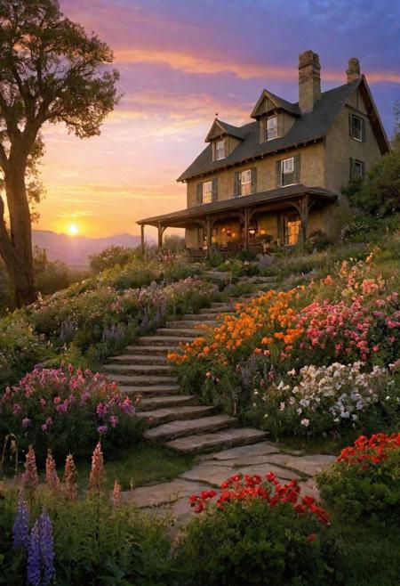valley, a fabulous house in the shade of trees and flowers, matte painting, highly detailed, dynamic lighting, cinematic, realism, realistic, photo real, sunset, detailed, high contrast, denoised, centered, michael whelan