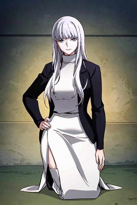 (best quality) , (highly detailed) ,masterpiece ,absurdres ,detailed face ,beautiful face ,(detailed eyes, deep eyes, anime eyes) ,1girl , solo,
Kneeling with one hand on the hip,
003, grey eyes, grey hair, white hair, long hair, jacket, sweater, black jacket, turtleneck, very long sweater dress, long sweater, (white slit long skirt:1.2),  turtleneck sweater, (white knee boots:1.3), slight smile, <lora:003V1:0.8>