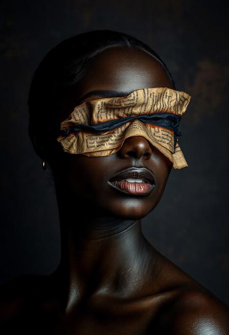 A dark-skinned woman, mid-20s to 30s, is the central subject.  She is positioned slightly off-center to the left of the image, with her head tilted and slightly angled towards the viewer.  Her expression is contemplative, with her lips parted in a soft, open mouth.  The woman has a smooth, slightly oval face shape and high cheekbones.  Her eyes are obscured by pieces of aged, burnt paper or parchment with text on them, creating a mask-like effect.  Metallic gold accents are applied to the skin, adding a dramatic touch. She is wearing no visible accessories.  The composition is intimate, focused on a close-up portrait. The background is a dark gray-brown tone with textural elements resembling aged or burnt paint.  The lighting is dramatic, highlighting the face and shoulders while leaving the background shadowed, creating a dramatic atmosphere.  The style is art portrait, combining elements of photorealism, textural layering, and abstract touches.  The overall effect is sophisticated, yet thought-provoking.  The image is dominated by the burnt parchment overlay on the face, adding a layer of mystery and symbolism.