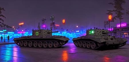 photo of a group of cromwelli tanks parked near neon box in middle of city streets with a lot of crowd at night with colorful neon lights,neon trim, smokes effect, dusts effects, hardtop, high quality photo, lens flare, bokeh, 8k resolution, gobo lights, warm ambient light, volumetric light, neon lights, depth of field, analog, foggy atmosphere, , <lora:cromwelli:1>, a lot of crowd, bokeh background