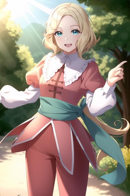 (masterpiece), high quality, (detailed background), 1girl,
<lora:CastlevaniaMaria-v1-07:0.6>, ChopioMaria, blonde hair, long hair, wavy hair, blue eyes, eyelashes, (looking at viewer:1.3),
shiny hair,
green hair ribbon, low ponytail, very long hair,
outfit_1, pink dress, white collar, pilgrim collar, white ribbon, frills, puffy sleeves, juliet sleeves, green sash, pink pants, layered pants,
outdoors, forest, sunny, light rays, lens flare, depth of field, bokeh,
standing, smile, open mouth,