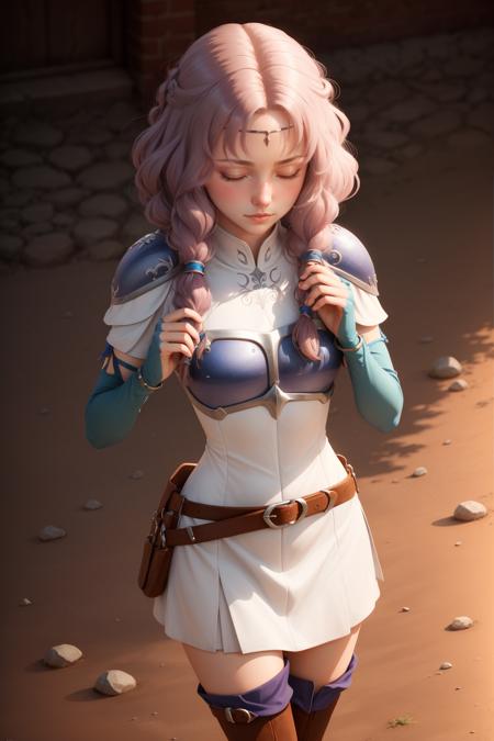 masterpiece, best quality, florina, circlet, armor, white dress, fingerless gloves, belt, thigh boots, blushing, looking down, from above, closed eyes, dirt, ground, gravel <lora:florina-nvwls-v1-000012:0.9>