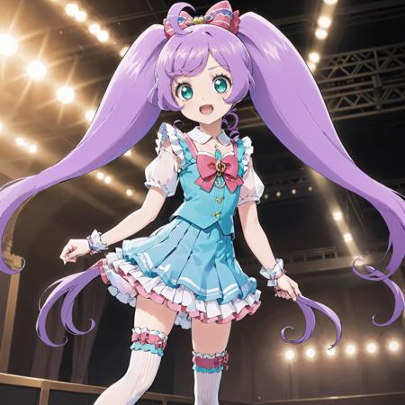 masterpiece, extremely detailed background, 1girl, solo, very long hair, twintails, on the stage, classic outfit, singing, Manaka Laala, smile, miniskirt, thighhighs,<lora:Manaka Laala XL V1-000010:0.6> <lora:SimplePositive_XL_v1_AutoRunMech:1>