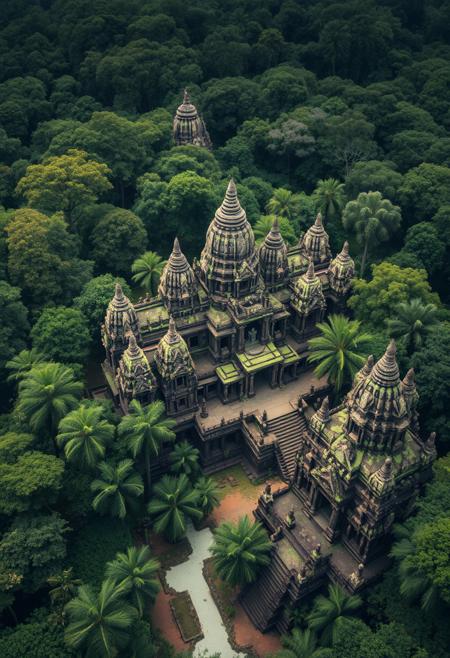 The angkor temples made of slime in the unexplored jungle viewed from above