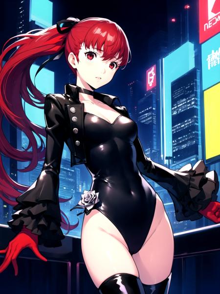 masterpiece, best quality, 1girl, solo, dsviolet, red hair, long hair, ponytail, red eyes, black ribbon, hair ribbon, black leotard, jacket, red gloves, thigh boots, choker, frilled sleeves, silver rose, standing, futuristic city, neon lights, night, detailed background, cowboy shot, soejima shigenori
<lora:dskasumi-v2:1> <lora:persona5CatherineSoejima-resized:0.4>