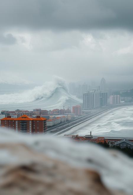 A huge tsunami covers the city