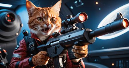 cinematic photo a detailed  award winning photo,  cute red hairedanthro  cat space pirate on his spaceship , realistic fur,  fangs,  angry,  holding a big futuristic gun,  epic pose,  high quality photography,  3 point lighting,  flash with softbox,  4k,  Canon EOS R3,  hdr,  smooth,  sharp focus,  high resolution,  award winning photo,  80mm,  f2.8,  bokeh . 35mm photograph,  film,  bokeh,  professional,  4k,  highly detailed