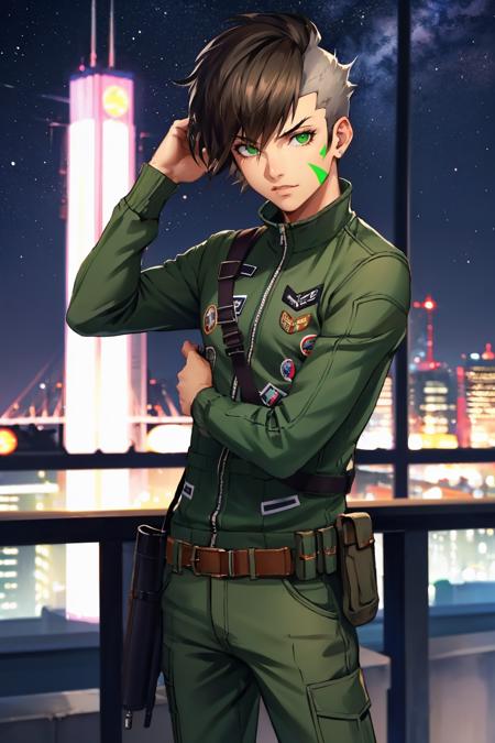 nanashismt, green eyes, facial mark, black hair, jacket, pants, short hair