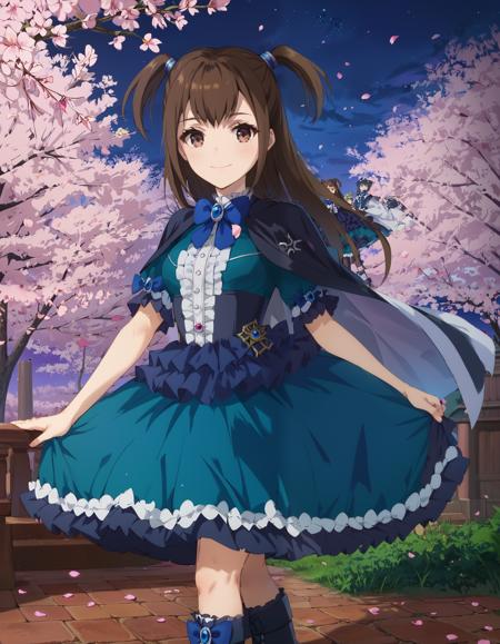 1girl, KizunaKazayama, brown eyes, (brown hair, two side up), medium breast, short sleeves, dress, bow, frills, wide sleeves, bowtie, cape, blue bow, brooch, green dress, black cape, black stockings, black boots,