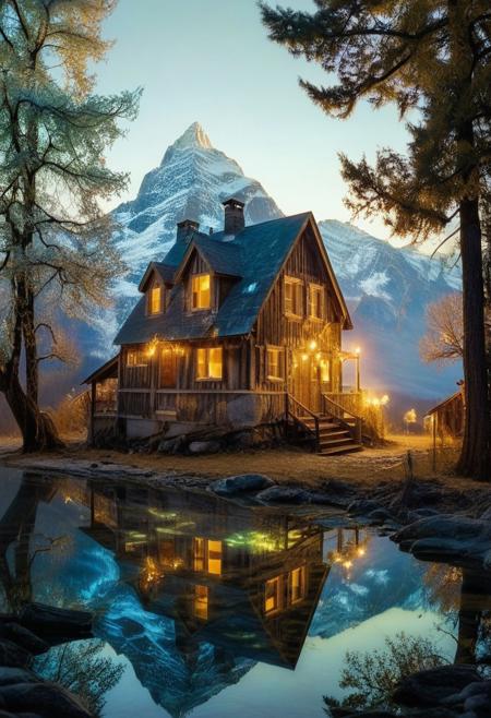 (by Ellen Jewett:1.5), ((gold Bioluminescent Impressionism: 1.8), The Dreamland), their peaks veiled in mist. mixed media, surrealism, great lighting, A surreal landscape highly detailed . extremely high-resolution details,  appears trapped in an optical illusion of reflections and refractions colorful , luxurious mountain cabin, ice and snow, professional photography, natural lighting, volumetric lighting maximalist. intricately detailed, complex, elegant, expansive, fantastical, film photography style,  medium grain,  <lora:MJ52:0.3>  <lora:SDXLFaeTastic2400:0.4>  <lora:EpicF4nta5yXL:0.7>.ethereal landscapes, depth of field, biotech emotion:1.3) <lora:xl_more_art-full_v1:0.5> <lora:add-detail-xl:1> <lora:RMSDXL_Creative:2>