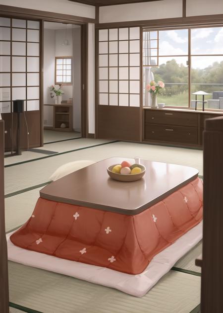 masterpiece, best quality, kotatsu, indoors, table, window, cosy, calm, rest, 1girl, sitting at kotatsu,  <lora:kotatsu-20:0.9>