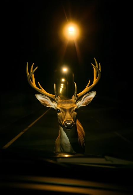 Full view, horror, night, (deer in from of the car:1.3), close up