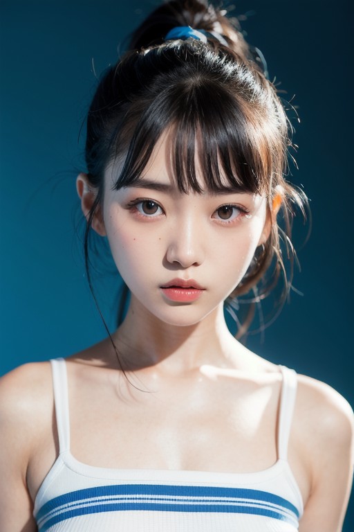 1girl, korean, 18 years old, fashion editorial photo,best quality, studio lighting, top crop shirt, blue screen background