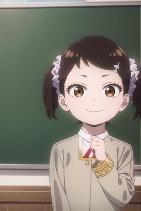 beckyblackbell, <lora:becky blackbell s1-lora-nochekaiser:1>,
becky blackbell, black hair, hair ornament, twintails, hairclip, scrunchie, hair scrunchie, (brown eyes:1.5), smile,
BREAK long sleeves, dress, school uniform, socks, black dress, eden academy school uniform,
BREAK indoors, classroom,
BREAK looking at viewer, (cowboy shot:1.5),
BREAK <lyco:GoodHands-beta2:1>, (masterpiece:1.2), best quality, high resolution, unity 8k wallpaper, (illustration:0.8), (beautiful detailed eyes:1.6), extremely detailed face, perfect lighting, extremely detailed CG, (perfect hands, perfect anatomy),