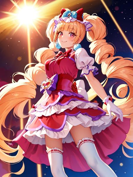cure macherie twintails, pom pom earrings, pink ribbon, white gloves, frilled thighhighs, red boots, puffy sleeves, layered dress, porch, wrist bow, jewelry