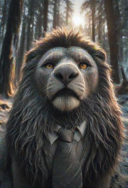 8K, forest, a lion,  too long mane made of ObsidianSand, concept art, themed ObsidianSand, lonely, howl, looking up, golden eyes, necktie, Scene of Tension, outside, in the forest, with a sun, with a tree, with a hill, in the style of melted, photorealistic, closeup shot, dynamic angle, golden hour, in focus with blurred background, rich colors, sfw,