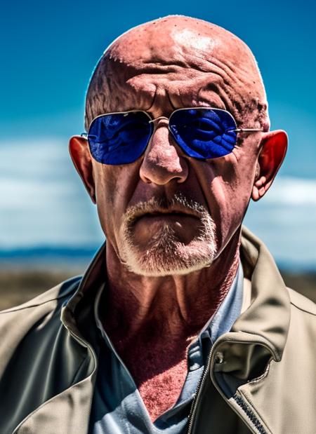 (masterpiece, best quality), Jonathan Banks as Mike Ehrmantraut (hold crystall blue meth), sunglasses, 1man,  professional photography, high resolution, 8k, detailed photo <lora:mikeet:1>, hyperealistic, ultrasharp