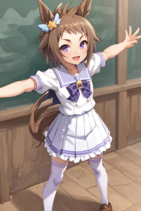 masterpiece, best quality, 
biko pegasus \(umamusume\),
tracen school uniform, full body, white thighhighs, pleated skirt, white skirt, sailor shirt, sailor collar, purple shirt, summer uniform, puffy short sleeves, serafuku, horseshoe ornament, open mouth, miniskirt, outstretched arms, smile, looking at viewer, shoes, zettai ryouiki, star ear ornament, standing, spread arms, brown footwear, purple bowtie, frilled skirt, loafers
<lyco:biko_pegasus_loha:0.7>