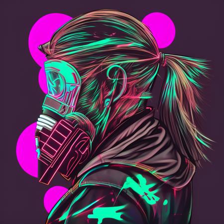 a gorgeous digital painting of a man with a helmet and a long ponytail wearing a gas mask and a neon background with neon lights, art by flonixsdviewv3