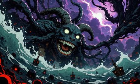Eldritch behemoth, colossal tentacled entity emerging from a churning, storm-tossed ocean. Bioluminescent patterns ripple across its slimy, iridescent skin. Multiple eyes of varying sizes, glowing with an otherworldly intelligence, dot its mountainous form. Twisted, gnarled horns crown its head, dripping with arcane energy. Massive, razor-sharp teeth line its gaping maw. Swirling, ominous storm clouds frame the creature, punctuated by arcs of purple lightning. Shattered ships and debris float in the foreground, dwarfed by the creature's immense scale. Ethereal, haunting bioluminescence illuminates the roiling waves. Hyperdetailed textures, 8K resolution, epic fantasy art style, dramatic lighting, intense atmosphere <lora:flux_dev:1> <lora:Let_It_Blaze_in_Crimson_anime_v1.0:0.6> <lora:reedy-art-style:0.8> <lora:sxz-Dark-Fantasy-v2-Flux:0.3>