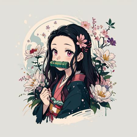 kamado nezuko, bit gag, kimono, (abstract), (flowers), (flower), leaves, (sfw), <lora:Ink scenery:0.8>,  <lora:kamado_nezuko_offset:0.8>