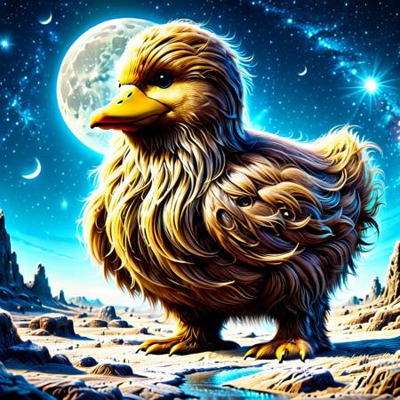 A colorblind bright yellow duck over in Wookiee Hair, standing near a bear in the moon surface, 
score_9, score_8_up, score_8_up, masterpiece,super detailed face, super high resolution, FaceDetail, masterpiece-level, highly detailed, intricate details, detailed background, complex background, cinematic, intricately detailed illustration, depth of field, masterpiece, best quality, amazing quality, very aesthetic, absurdres, newest, very awa, shadow, dynamic angle,