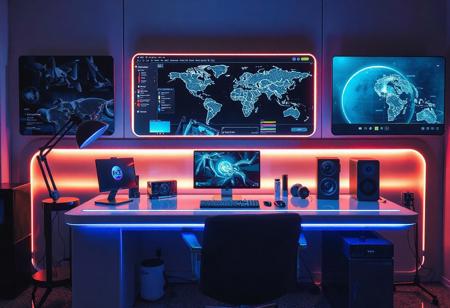 An influencers desk. High tech and futuristic.